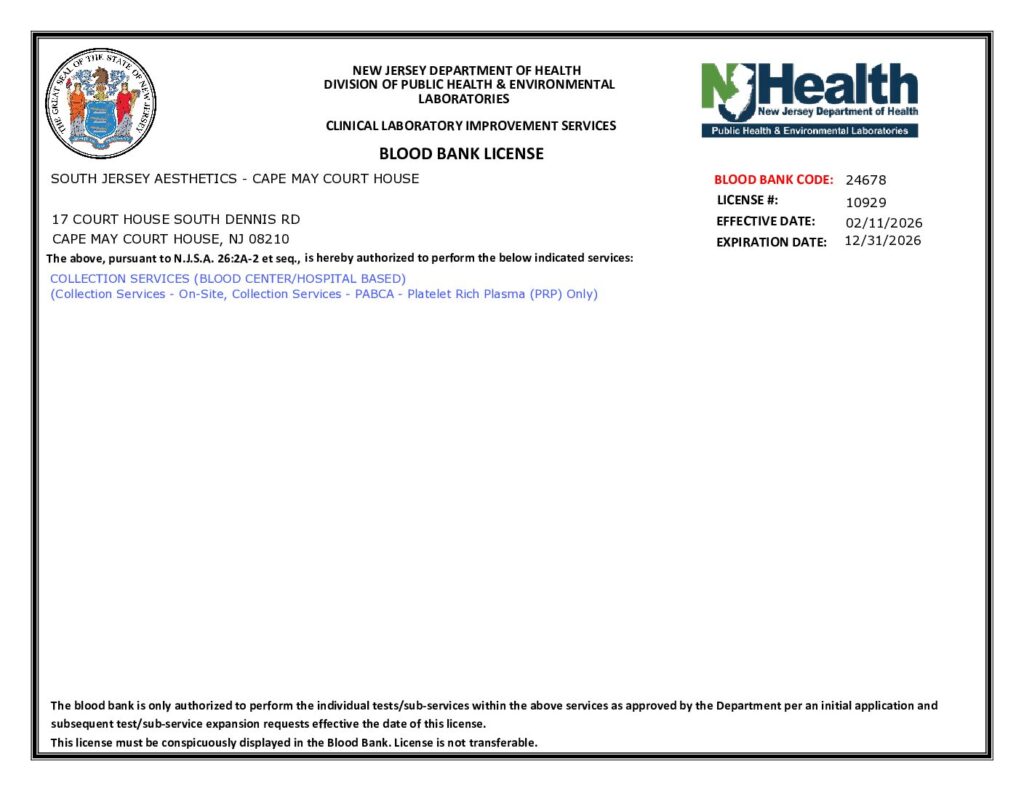 New Jersey Department of Health Blood Bank License, South Jersey Aesthetics – Cape May Court House, License 10929, Blood Bank Code 24678, effective 02/11/2026 to 12/31/2026