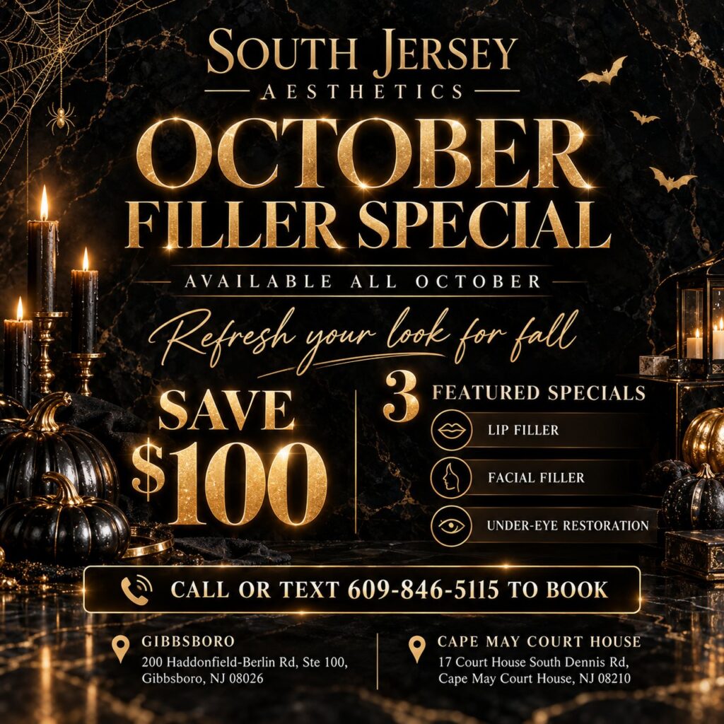 South Jersey Aesthetics October Filler Special: save $100 per treatment on lip filler, facial filler and under-eye restoration, available all October at Gibbsboro and Cape May Court House NJ. Call or text 609-846-5115 to book.