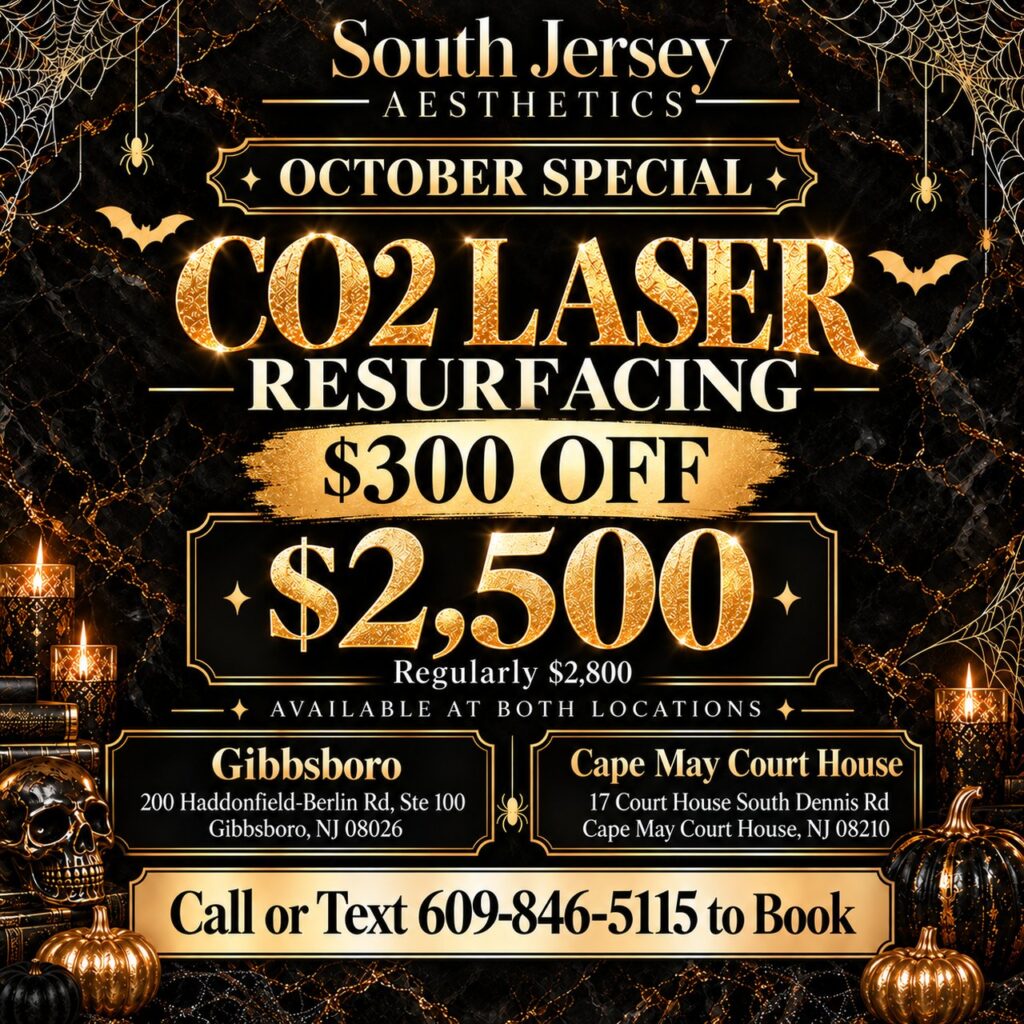 South Jersey Aesthetics October Special: CO2 laser resurfacing $300 off — $2,500, regularly $2,800, available at both Gibbsboro and Cape May Court House NJ locations. Call or text 609-846-5115 to book.